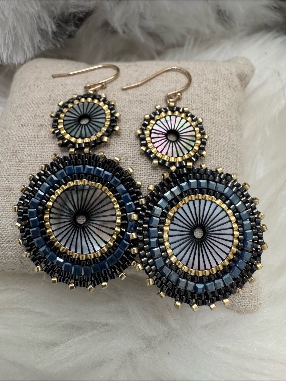Blue and Gold Beaded Abalone Disc Drop Round Dangle Earrings